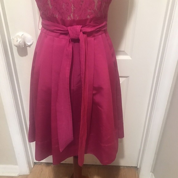Eliza J Size 4 Fit & Flare Dress Pink Lace Top Belted Waist Barbie Pink Pockets - Picture 7 of 15